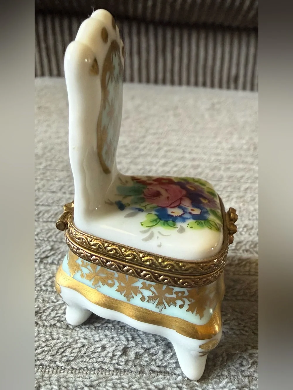 VTG Handpainted Jewelry Limoges France Chair Trinket Box Roses Floral Porcelain